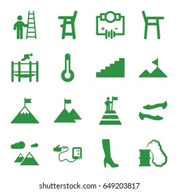 High icons set. set of 16 high filled icons such as baby chair, woman boot, shoe, blood pressure, trampoline, temperature, mountain, smoking can, stairs