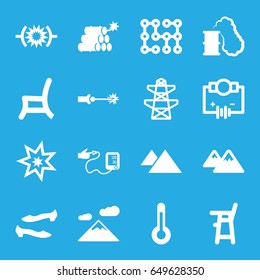 High icons set. set of 16 high filled icons such as baby chair, shoe, pylon, outdoor chair, blood pressure, mountain, temperature, electric circuit, dynamite, explosion