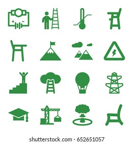 High icons set. set of 16 high filled icons such as construction crane, baby chair, graduation cap, pylon, outdoor chair, thermometer, voltage warning, mountain, explosion