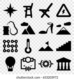 High icons set. set of 16 high filled icons such as court, baby chair, heel sandals, outdoor chair, mountain, temperature, voltage warning, electric circuit, explosion