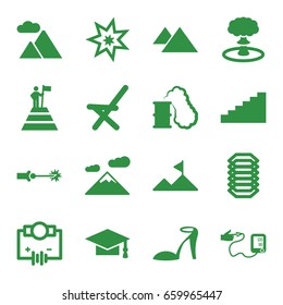 High icons set. set of 16 high filled icons such as heel sandals, graduation cap, outdoor chair, blood pressure, mountain, electric circuit, explosion, smoking can, stairs