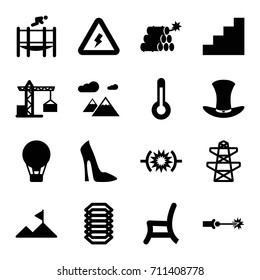 High icons set. set of 16 high filled icons such as construction crane, woman shoe, pylon, outdoor chair, trampoline, hat, stair, temperature, voltage warning, mountain