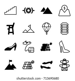 High icons set. set of 16 high filled and outline icons such as baby chair, shoe, woman shoe, mountain, dynamite, flag on mountain, pressure, pylon, blood pressure, lot price
