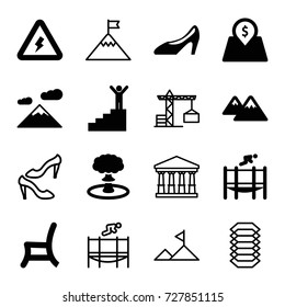 High icons set. set of 16 high filled and outline icons such as outdoor chair, woman shoe, trampoline, lot price, mountain, voltage warning, explosion, man on stairs