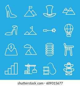 High icons set. set of 16 high outline icons such as construction crane, woman shoe, heel sandals, pylon, hat, stair, mountain, lot price, electric circuit, smoking can