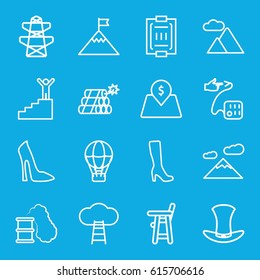 High icons set. set of 16 high outline icons such as baby chair, woman boot, woman shoe, pylon, blood pressure measure, blood pressure, hat, mountain, lot price, dynamite