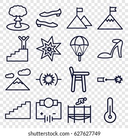High icons set. set of 16 high outline icons such as heel sandals, shoe, trampoline, temperature, electric circuit, explosion, Electricity, stairs, man on stairs