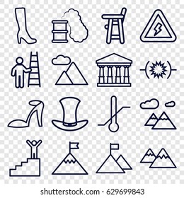High icons set. set of 16 high outline icons such as court, baby chair, woman boot, heel sandals, thermometer, hat, mountain, voltage warning, smoking can, man on stairs