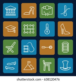 High icons set. set of 16 high outline icons such as court, woman shoe, heel sandals, shoe, graduation cap, outdoor chair, thermometer, hat, temperature, electric circuit