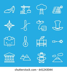 High icons set. set of 16 high outline icons such as construction crane, court, pylon, thermometer, woman shoe, blood pressure, trampoline, hat, mountain, temperature