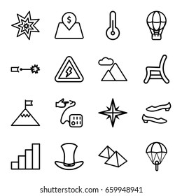 High icons set. set of 16 high outline icons such as shoe, outdoor chair, blood pressure, hat, stair, mountain, lot price, temperature, voltage warning, electric circuit
