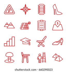 High icons set. set of 16 high outline icons such as woman shoe, graduation cap, outdoor chair, blood pressure measure, stair, lot price, mountain, voltage warning