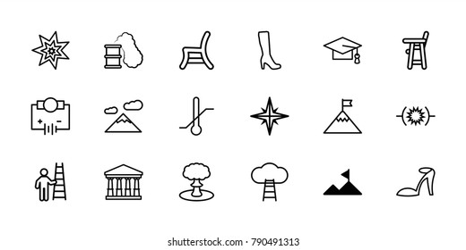 High icons. set of 18 editable outline high icons: mountain, court, baby chair, woman boot, heel sandals, graduation cap, electricity, outdoor chair, pressure, thermometer