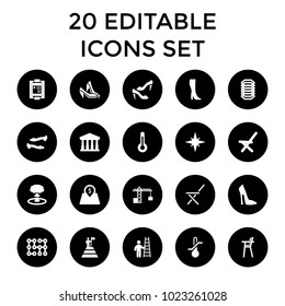 High icons. set of 20 editable filled high icons such as court, woman shoe, shoe, outdoor chair, blood pressure measure, lot price. best quality high elements in trendy style.