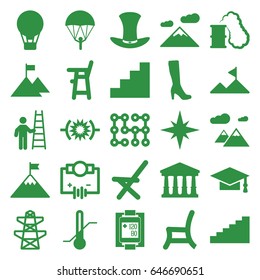 High icons set. set of 25 high filled icons such as court, baby chair, woman boot, graduation cap, pylon, outdoor chair, thermometer, blood pressure measure, hat, stair