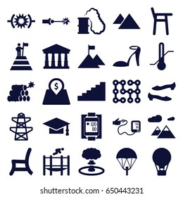 High icons set. set of 25 high filled icons such as court, heel sandals, shoe, graduation cap, pylon, outdoor chair, thermometer, blood pressure measure, blood pressure