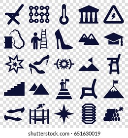 High icons set. set of 25 high filled icons such as court, baby chair, woman shoe, shoe, graduation cap, outdoor chair, trampoline, mountain, temperature, voltage warning