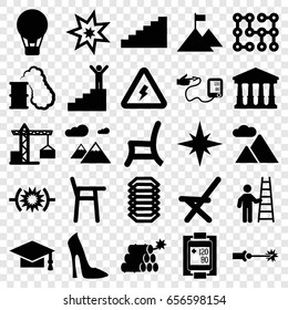 High icons set. set of 25 high filled icons such as construction crane, court, woman shoe, graduation cap, outdoor chair, blood pressure measure, blood pressure, mountain
