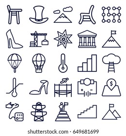 High icons set. set of 25 high outline icons such as construction crane, court, woman shoe, heel sandals, pylon, outdoor chair, thermometer, blood pressure, trampoline, hat