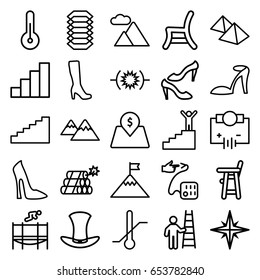 High icons set. set of 25 high outline icons such as baby chair, woman boot, woman shoe, heel sandals, shoe, outdoor chair, thermometer, blood pressure, trampoline, hat, stair