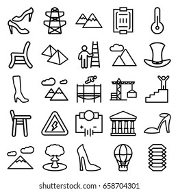 High icons set. set of 25 high outline icons such as construction crane, court, woman boot, woman shoe, heel sandals, shoe, pylon, outdoor chair, blood pressure measure