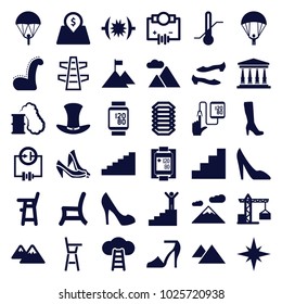 High icons. set of 36 editable filled high icons such as construction crane, baby chair, woman boot, shoe, electricity, parachute, mountain, outdoor chair, thermometer