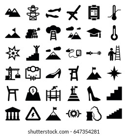 High icons set. set of 36 high filled icons such as construction crane, court, baby chair, woman shoe, shoe, graduation cap, pylon, outdoor chair, thermometer