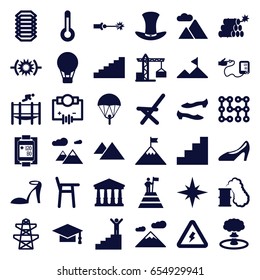 High icons set. set of 36 high filled icons such as construction crane, court, heel sandals, shoe, graduation cap, pylon, outdoor chair, woman shoe, blood pressure measure