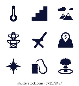 high icons set. Set of 9 high filled icons such as pylon, outdoor chair, stair, lot price, temperature, mountain, explosion
