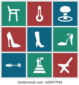 High icons set. set of 9 high filled icons such as woman boot, woman shoe, heel sandals, outdoor chair, temperature, electric circuit, explosion