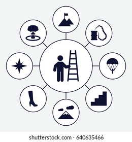 High icons set. set of 9 high filled icons such as woman boot, stair, explosion, smoking can, flag on mountain, man with ladder, parachute