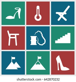 High icons set. set of 9 high filled icons such as woman shoe, heel sandals, outdoor chair, temperature, smoking can, stairs, flag on mountain