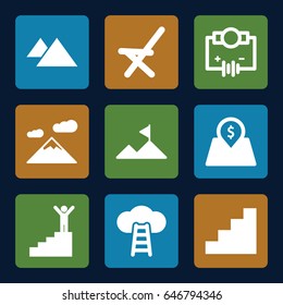 High icons set. set of 9 high filled icons such as outdoor chair, stair, lot price, mountain, man on stairs, ladder to the sky