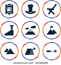 High icons set. set of 9 high filled icons such as outdoor chair, blood pressure measure, hat, mountain, electric circuit, dynamite, man on stairs