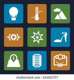 High icons set. set of 9 high filled icons such as heel sandals, thermometer, mountain, lot price, electric circuit, explosion, pressure, air balloon