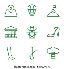 High icons set. set of 9 high outline icons such as court, woman boot, heel sandals, pylon, thermometer, lot price, flag on mountain, ladder to the sky