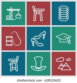 High icons set. set of 9 high outline icons such as construction crane, baby chair, shoe, graduation cap, hat, mountain, electric circuit