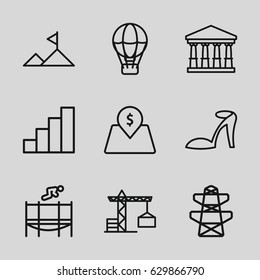 High icons set. set of 9 high outline icons such as construction crane, court, heel sandals, pylon, trampoline, stair, lot price, mountain