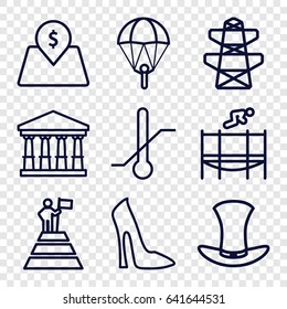 High icons set. set of 9 high outline icons such as court, woman shoe, pylon, thermometer, trampoline, hat, lot price, man at the top of the mountain with flag