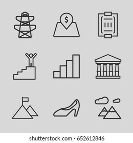 High icons set. set of 9 high outline icons such as court, pylon, woman shoe, blood pressure measure, stair, lot price, mountain, man on stairs