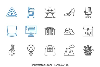 high icons set. Collection of high with ferris wheel, mountain, cap, hot air balloon, thermometer, school, roller coaster, monitor, top hat. Editable and scalable high icons.