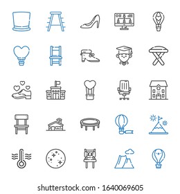 high icons set. Collection of high with hot air balloon, mountain, chair, mercury, thermometer, trampoline, school, shoe, stool, graduate, shoes. Editable and scalable high icons.