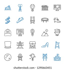 high icons set. Collection of high with school, chair, hot air balloon, baby chair, mercury, high heels, electric tower, top hat, graduate, mountain. Editable and scalable icons.