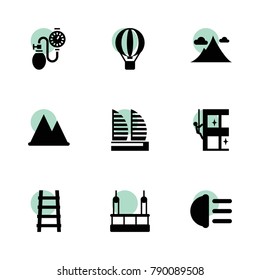High icons. vector collection filled high icons set.. includes symbols such as hight beem light, skycrapers cleaning, mountain, stairs. use for web, mobile and ui design.