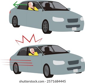 High Illustration of an elderly person driving a car and suddenly accelerating due to a mistaken step