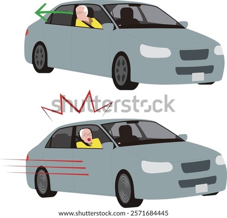 High Illustration of an elderly person driving a car and suddenly accelerating due to a mistaken step