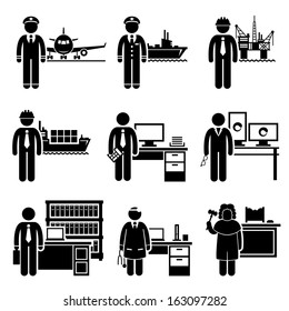 High Income Professional Jobs Occupations Careers - Air Pilot, Ship Captain, Oil Rig Engineer, Logistician, Chartered Accountant, Creative Director, Lawyer, Doctor, Judge - Stick Figure Pictogram