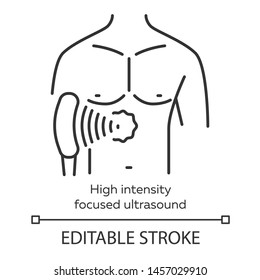 High intensity focused ultrasound linear icon. HIFU. Non-invasive therapeutic technique. Thin line illustration. Contour symbol. Vector isolated outline drawing. Editable stroke