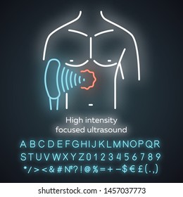 High intensity focused ultrasound neon light icon. HIFU. Non-invasive therapeutic technique. Ultrasonic waves treatment. Glowing sign with alphabet, numbers and symbols. Vector isolated illustration