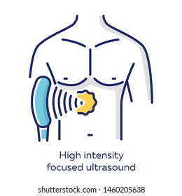 High intensity focused ultrasound white color icon. HIFU. Non-invasive therapeutic technique. Treatment by ultrasonic waves. Destroying tissue by intense heat. Isolated vector illustration